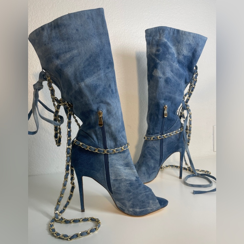 Kardashian Style Denim Slouchy Peep Toe Chain Boots NEVER WORN NWOT - Picture 2 of 10